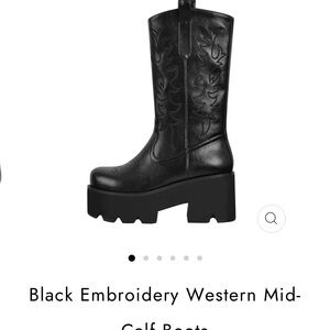 New Black Goth Embroidery Western Mid-Calf Platform Boots